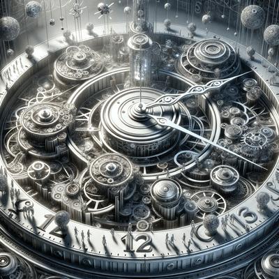 The primary subject of the image is a large, intricate clock with a mechanical design. The clock is surrounded by a variety of smaller clocks, creating a complex and visually interesting scene. The setting appears to be a futuristic or industrial environment, with the clocks and other elements seemingly made of metal or other metallic materials. The visual style of the image is a combination of digital art and illustration, with the clocks and other elements appearing to be crafted from metal or other metallic materials. The colors and mood of the image are predominantly silver and gray, giving it a sleek and modern appearance.